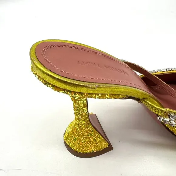 AMINA MUADDI Glitter Gilda Heeled Mule Women 8 Yellow Rhinstone Strap Pointy Toe - Picture 12 of 16